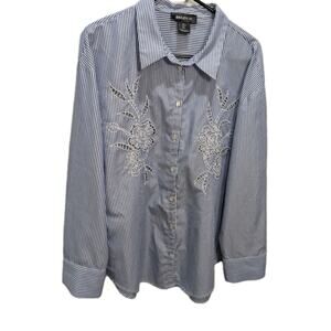 BAILEY 44 Lovely Blouse Embroidered Eyelet Blue Striped Shirt Cottagecore Large